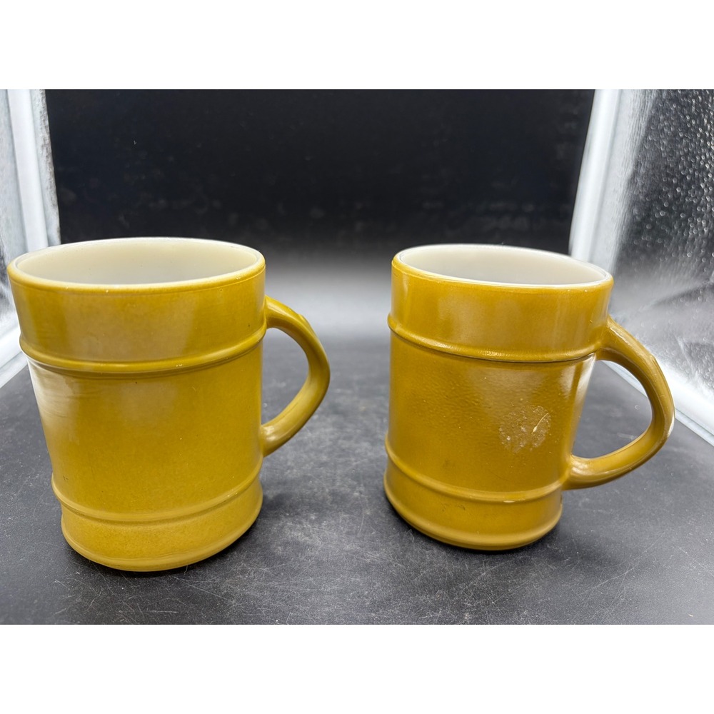 Vintage Fire King Anchor Hocking Barrel Mugs Harvest Gold Milk Glass Set of 2